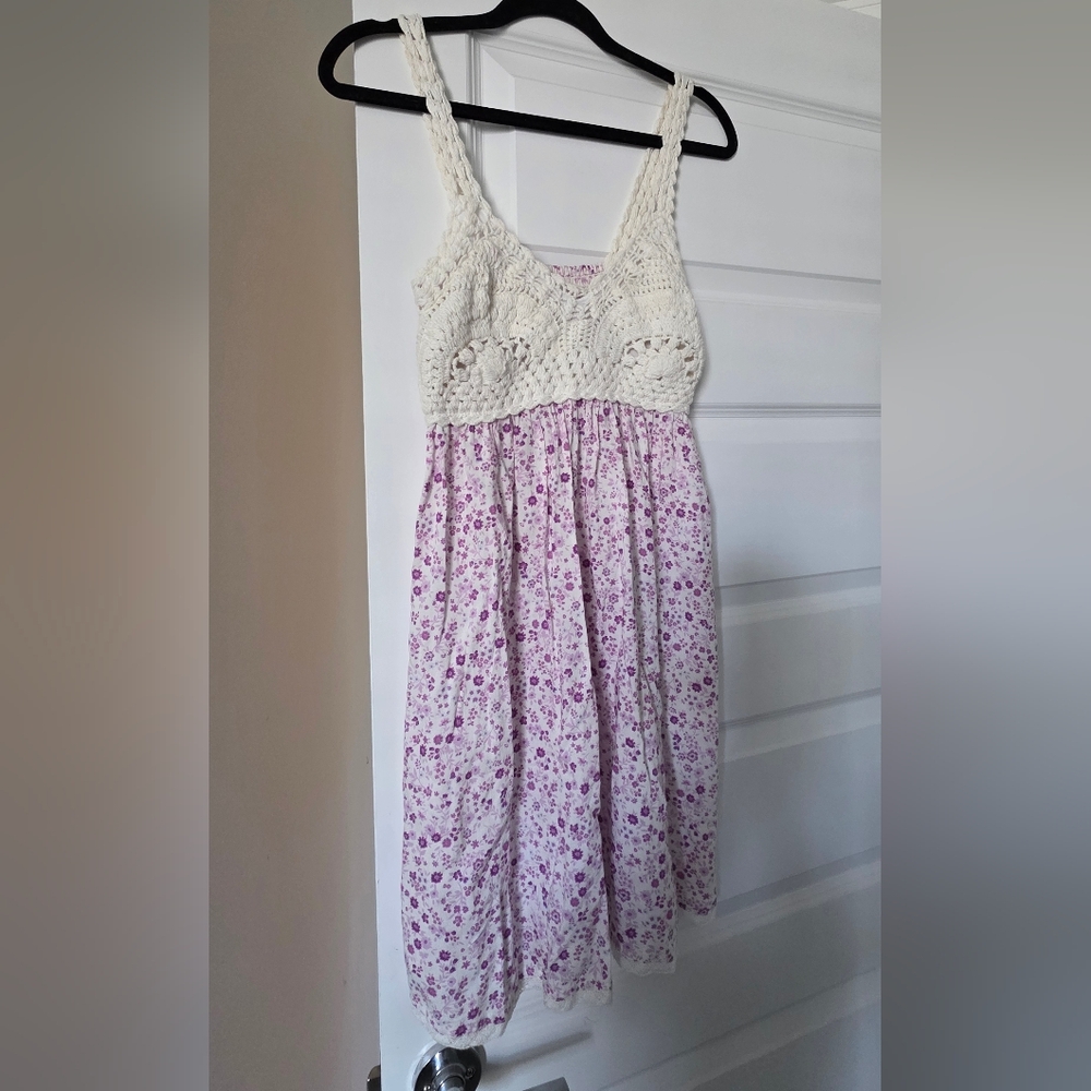 Cream Crochet Dress with Purple Accents XS